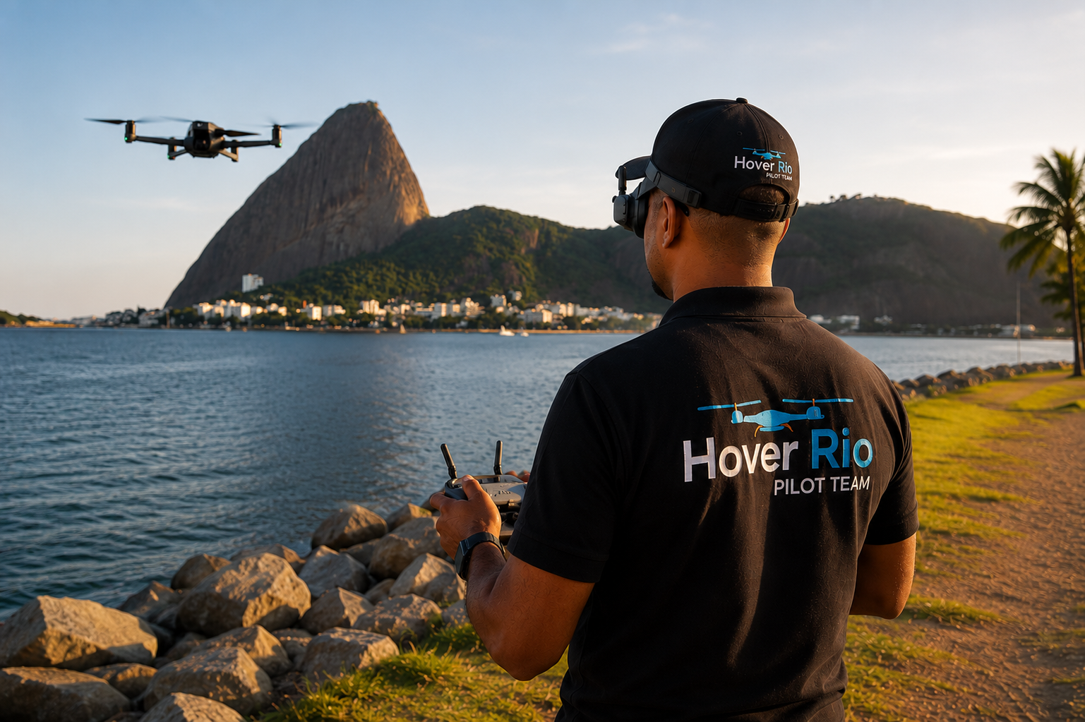 Rodrigo Alves pilotando drone em frente ao Pão de Açúcar